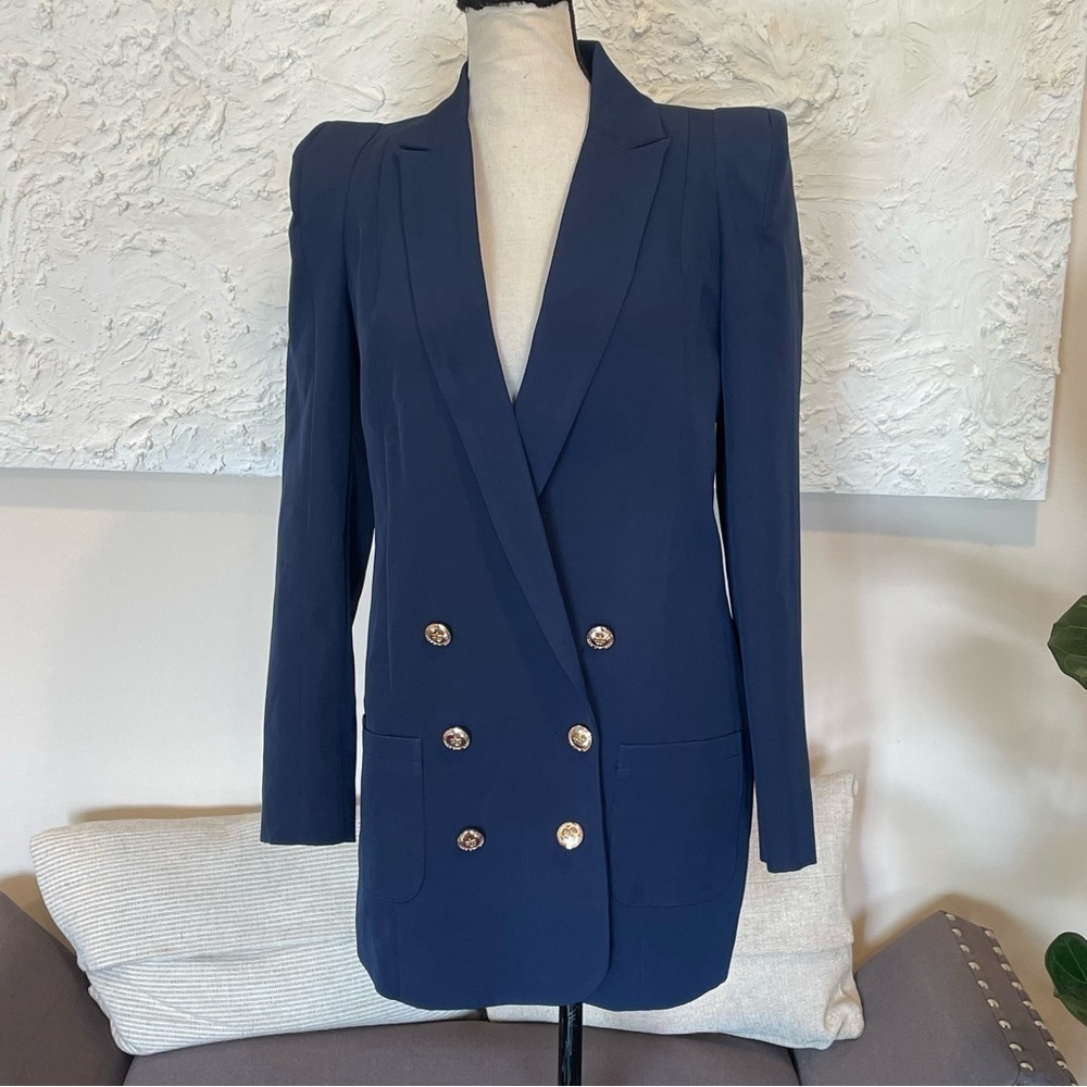 WALTER BAKER Boss Double Breasted Peak Lapel Blazer Navy Gold Buttons Blue Sz XS - Picture 2 of 10